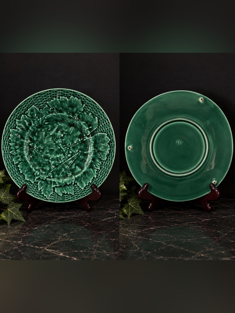 Antique Green Majolica Leaf Basketweave Plate 9” Elegant